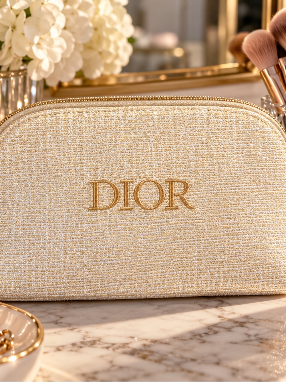 Dior Gold and Cream Tweed Cosmetic Case with Embroidered Logo
